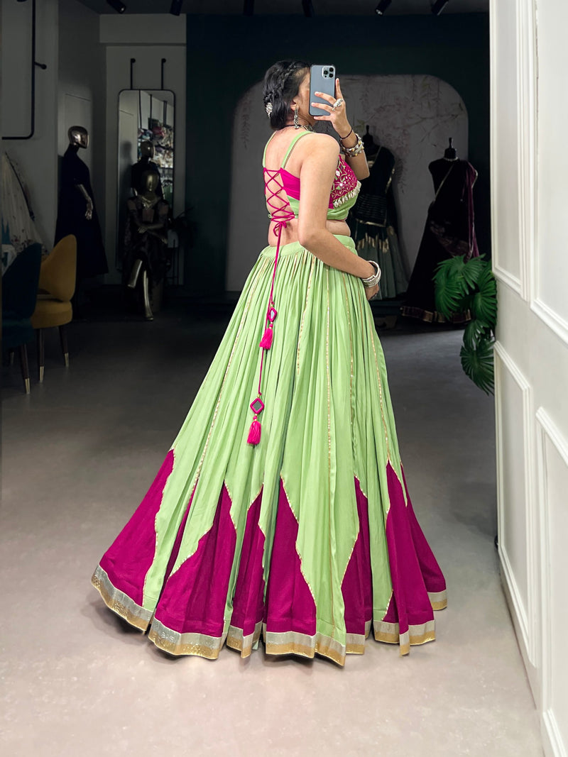 Light Green Color Pure Rayon Mirror Work Lace Navratri Lehenga Choli