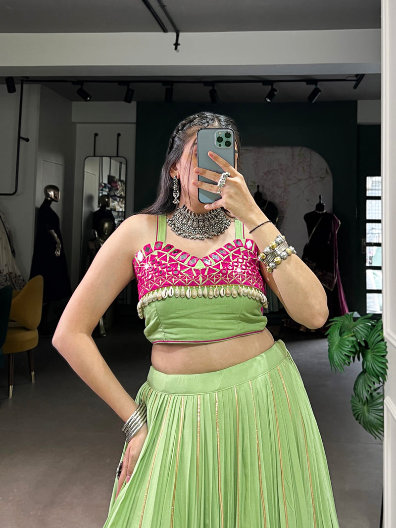 Light Green Color Pure Rayon Mirror Work Lace Navratri Lehenga Choli