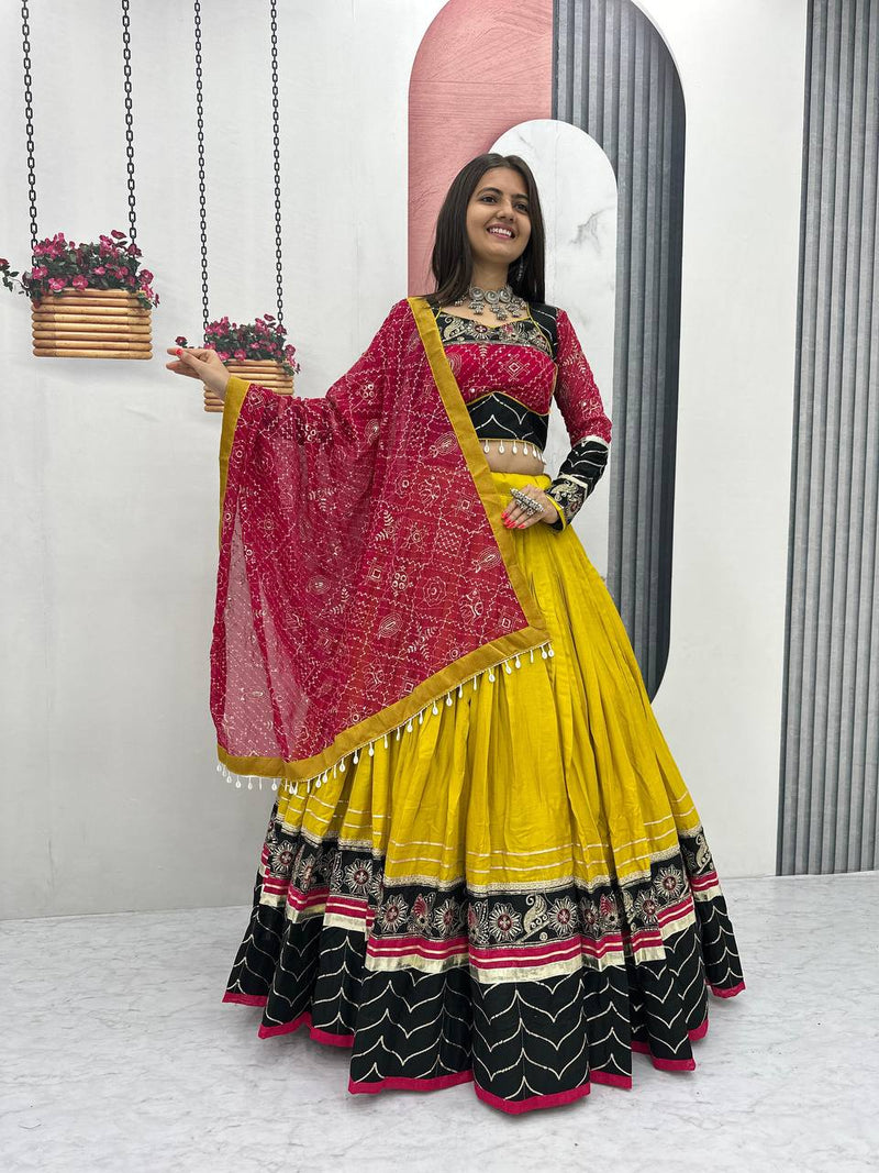 Mustard Yellow Color Pure Rayon Cotton Embroidery Work Navratri Lehenga Choli