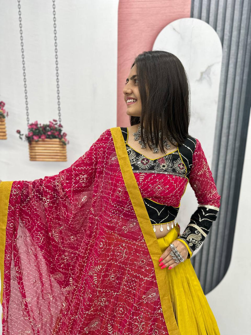 Mustard Yellow Color Pure Rayon Cotton Embroidery Work Navratri Lehenga Choli