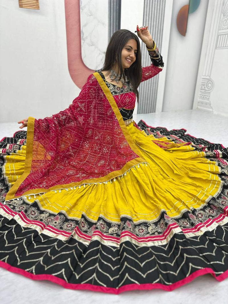 Mustard Yellow Color Pure Rayon Cotton Embroidery Work Navratri Lehenga Choli