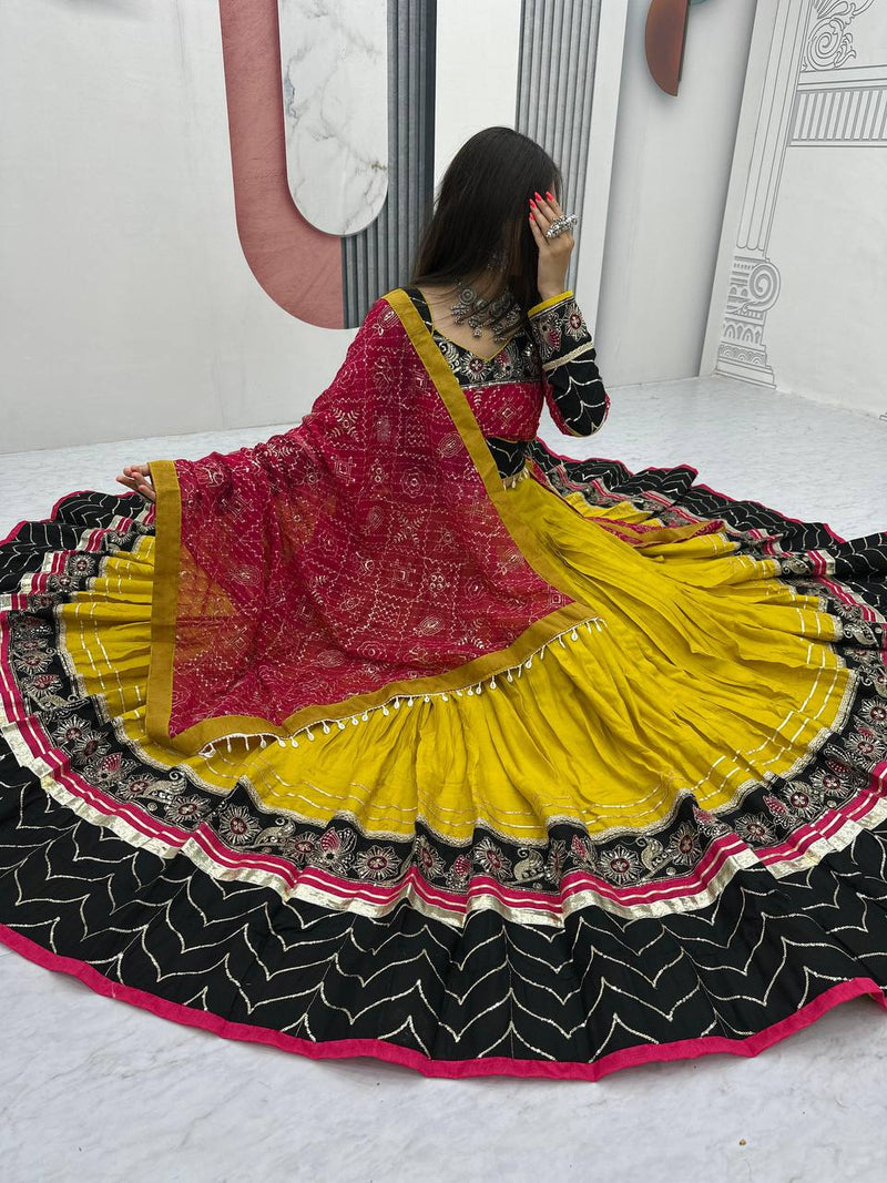 Mustard Yellow Color Pure Rayon Cotton Embroidery Work Navratri Lehenga Choli