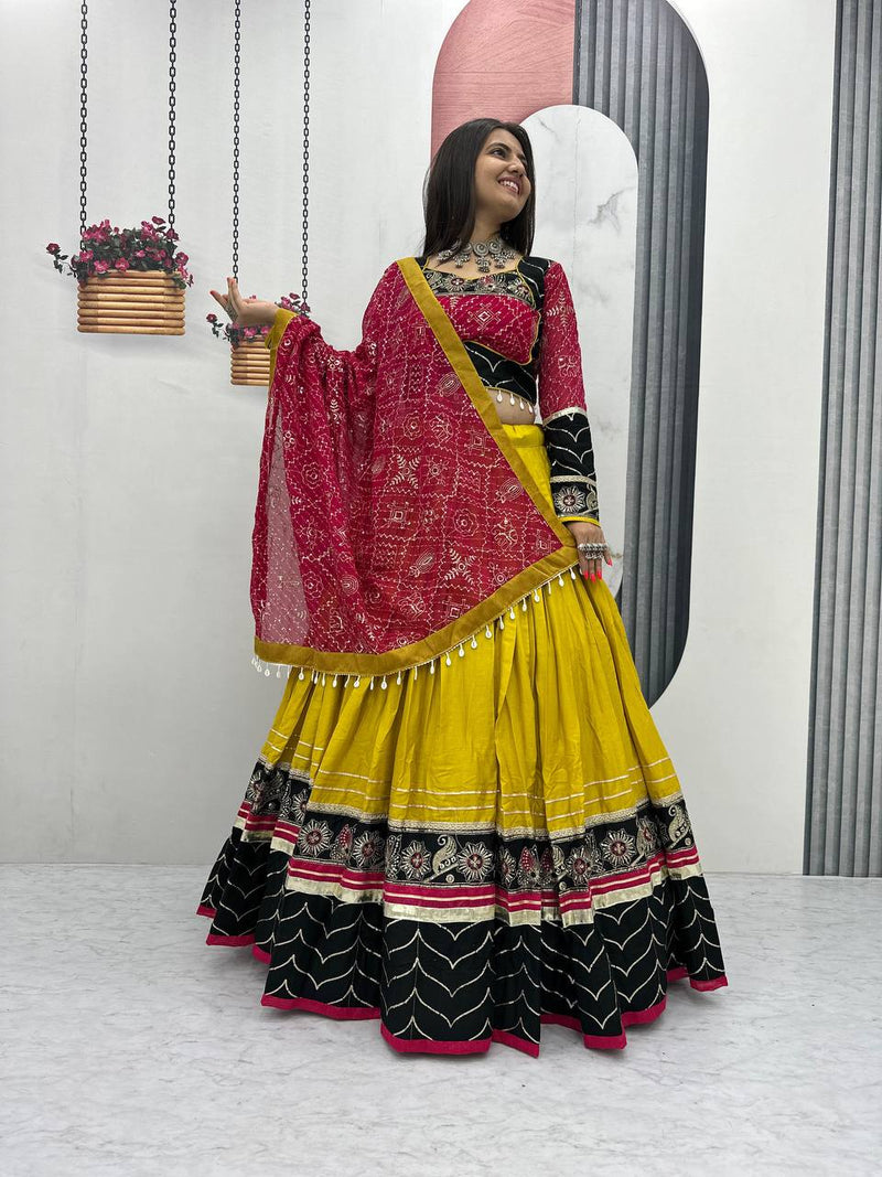 Mustard Yellow Color Pure Rayon Cotton Embroidery Work Navratri Lehenga Choli