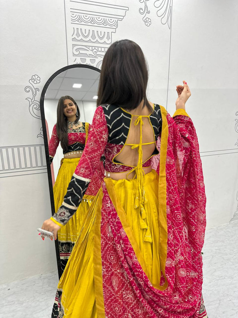 Mustard Yellow Color Pure Rayon Cotton Embroidery Work Navratri Lehenga Choli
