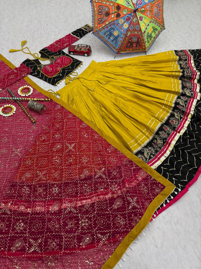 Mustard Yellow Color Pure Rayon Cotton Embroidery Work Navratri Lehenga Choli
