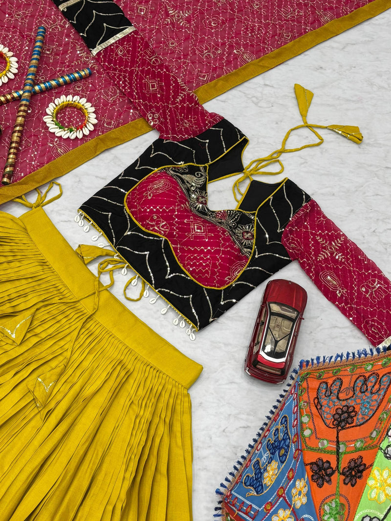 Mustard Yellow Color Pure Rayon Cotton Embroidery Work Navratri Lehenga Choli