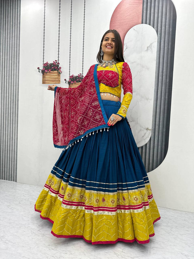Navy Blue Color Pure Rayon Cotton Embroidery Work Navratri Lehenga Choli