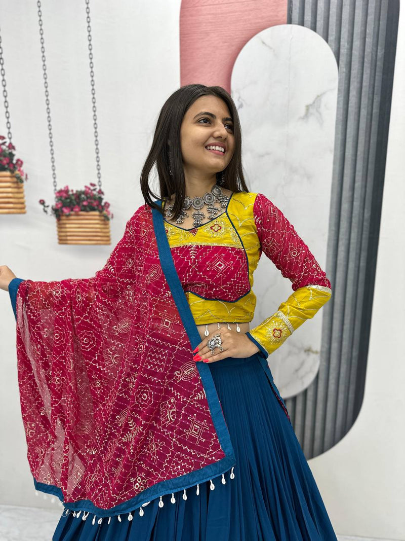 Navy Blue Color Pure Rayon Cotton Embroidery Work Navratri Lehenga Choli