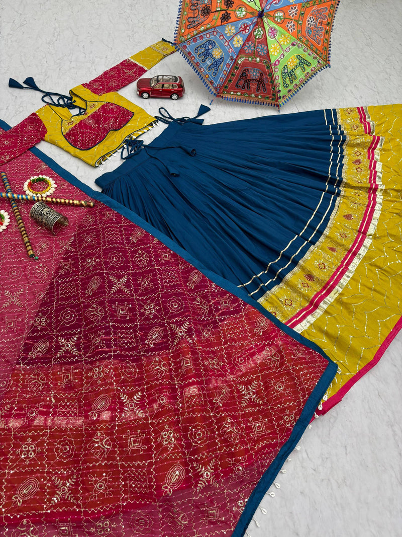 Navy Blue Color Pure Rayon Cotton Embroidery Work Navratri Lehenga Choli