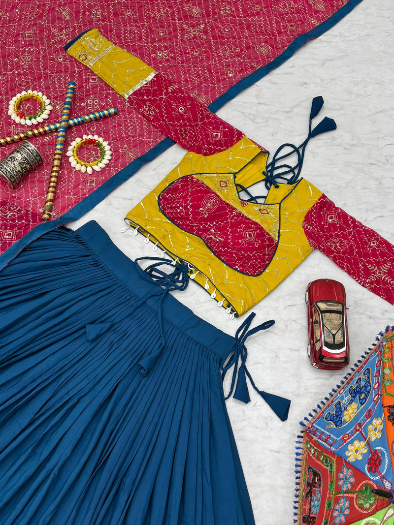 Navy Blue Color Pure Rayon Cotton Embroidery Work Navratri Lehenga Choli