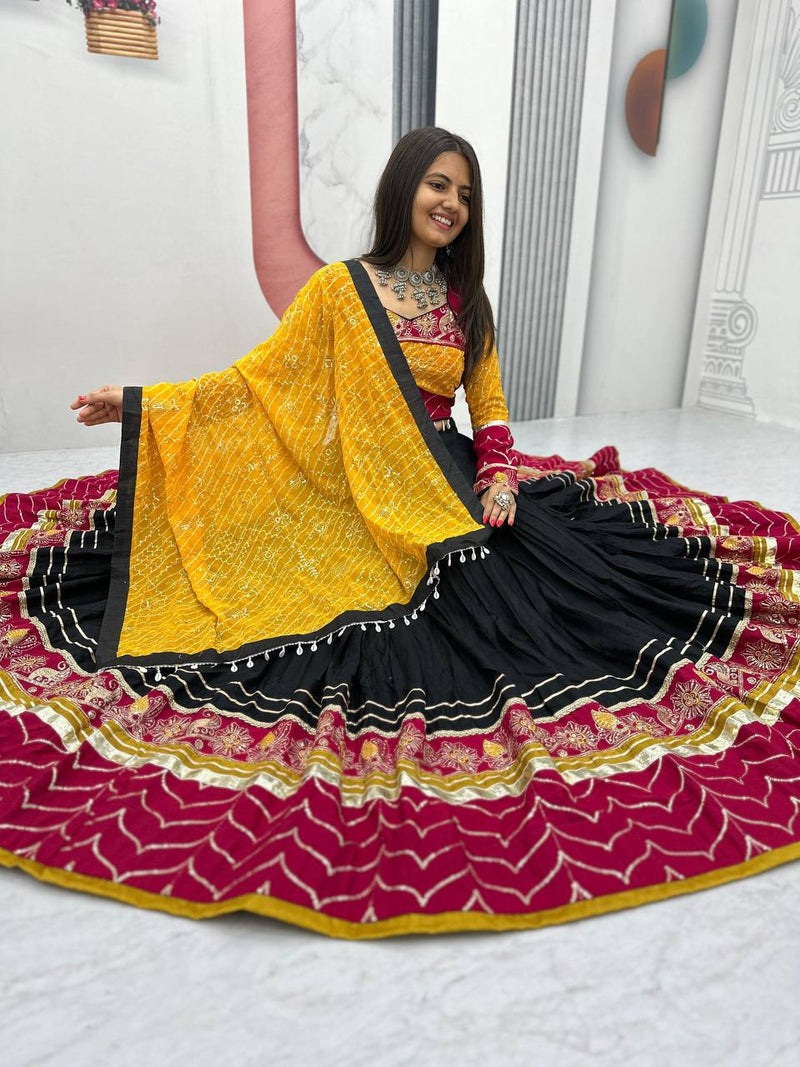 Black Color Pure Rayon Cotton Embroidery Work Navratri Lehenga Choli
