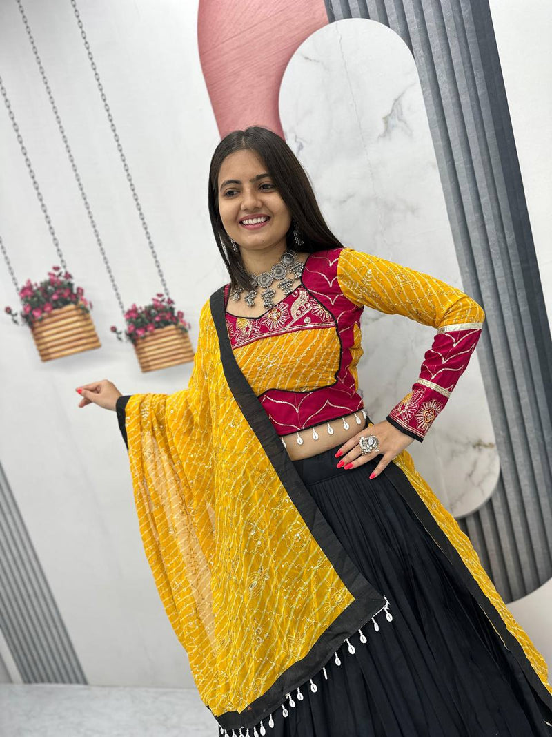 Black Color Pure Rayon Cotton Embroidery Work Navratri Lehenga Choli