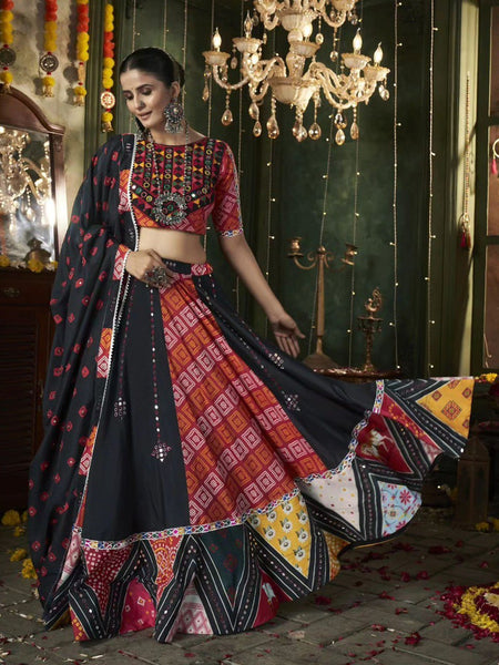 Black-Maroo Color Digital Printed with Mirror Work Navratri Chaniya Choli