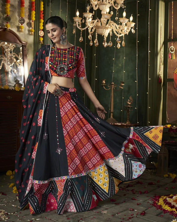 Black-Maroo Color Digital Printed with Mirror Work Navratri Chaniya Choli