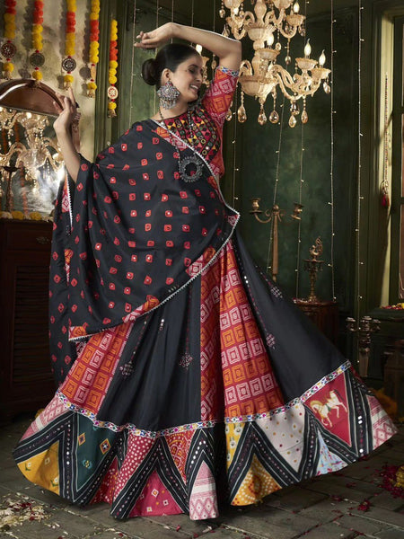 Black-Maroo Color Digital Printed with Mirror Work Navratri Chaniya Choli