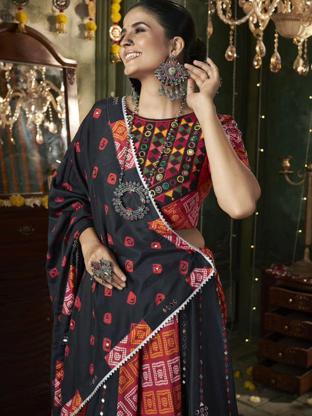 Black-Maroo Color Digital Printed with Mirror Work Navratri Chaniya Choli