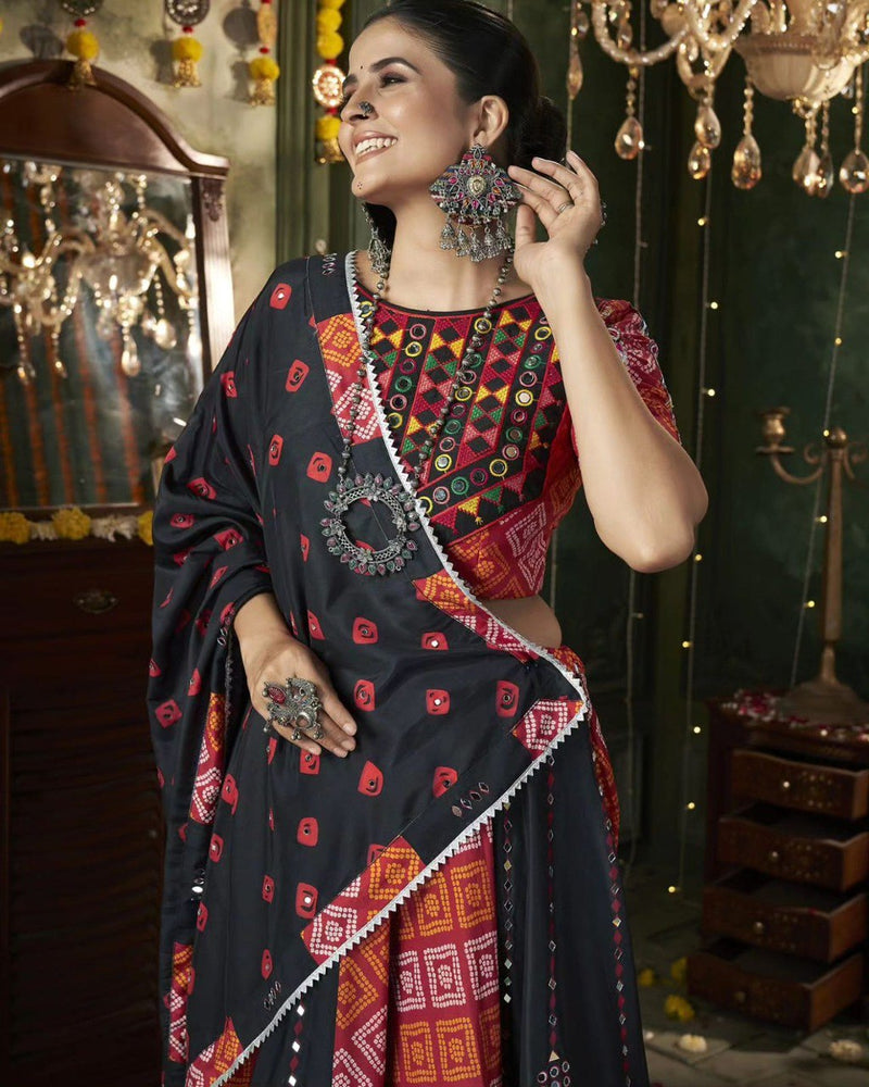 Black-Maroo Color Digital Printed with Mirror Work Navratri Chaniya Choli