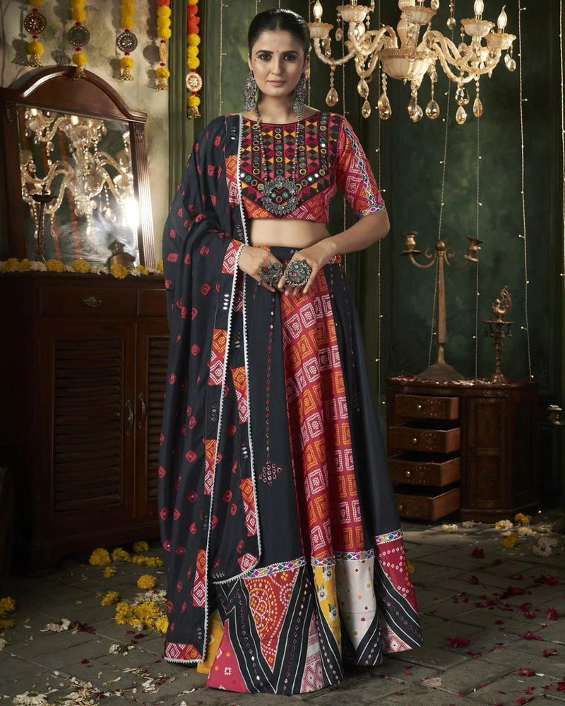 Black-Maroo Color Digital Printed with Mirror Work Navratri Chaniya Choli