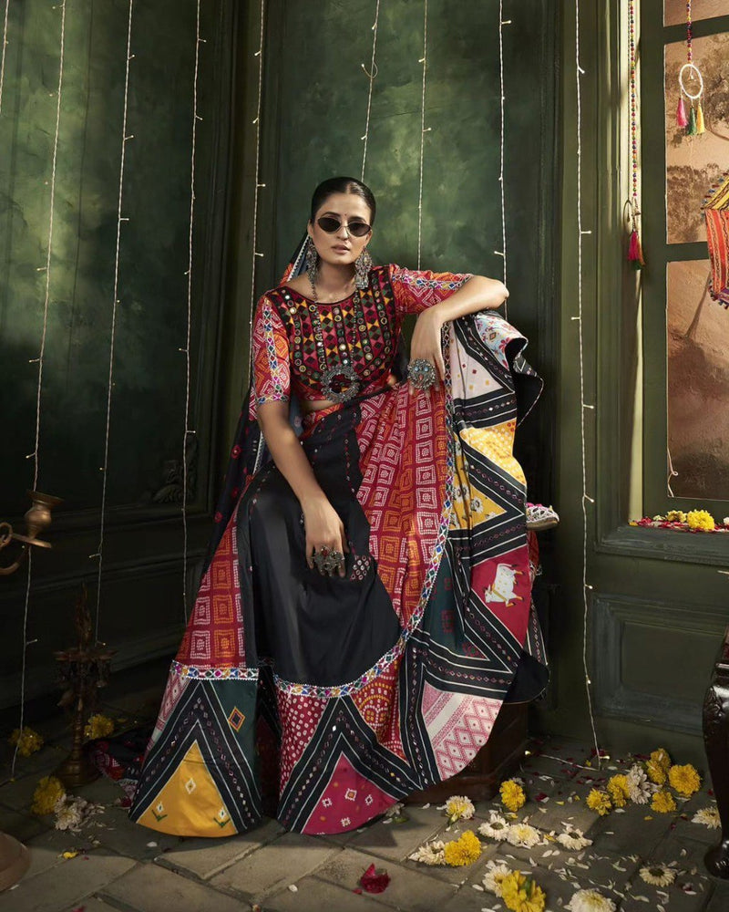 Black-Maroo Color Digital Printed with Mirror Work Navratri Chaniya Choli