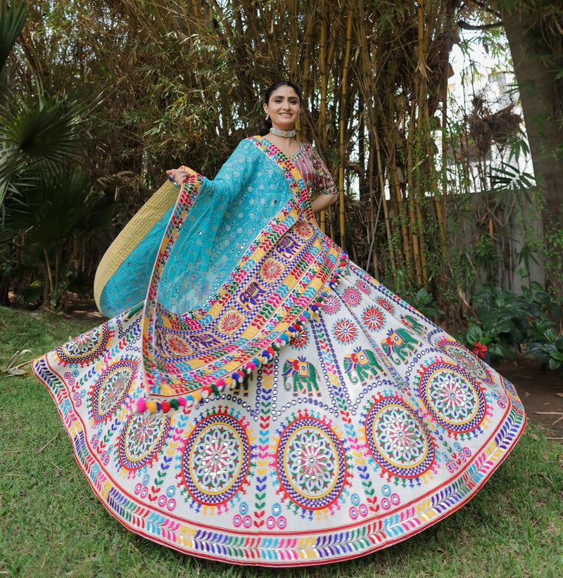 White Color Digital Printed with Mirror Work Navratri Chaniya Choli