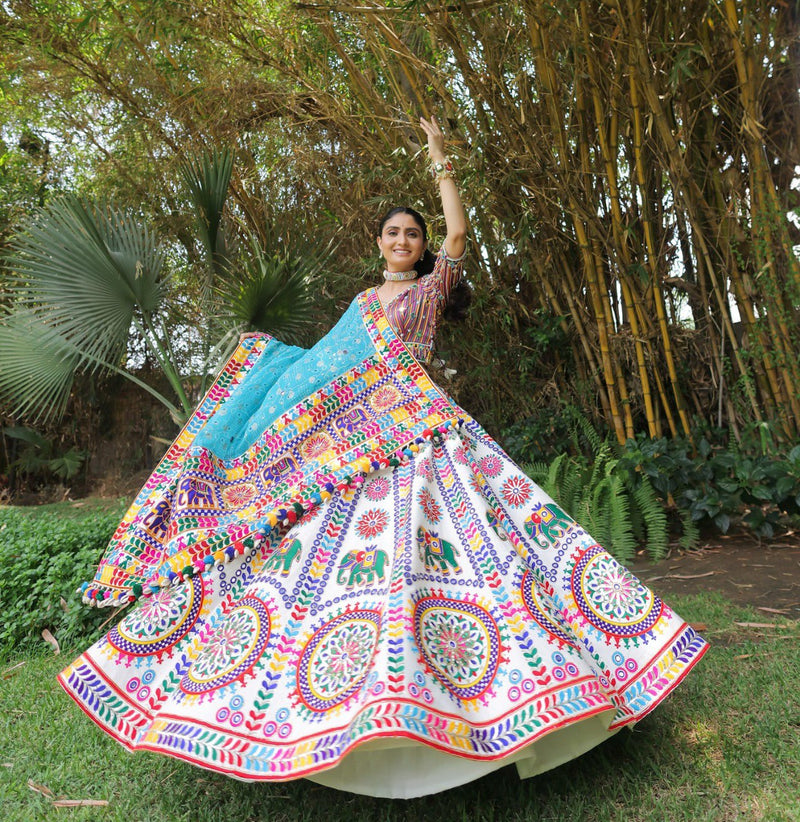 White Color Digital Printed with Mirror Work Navratri Chaniya Choli
