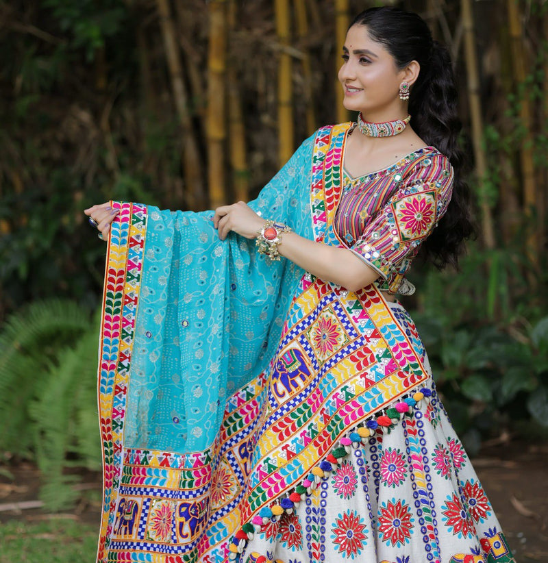 White Color Digital Printed with Mirror Work Navratri Chaniya Choli