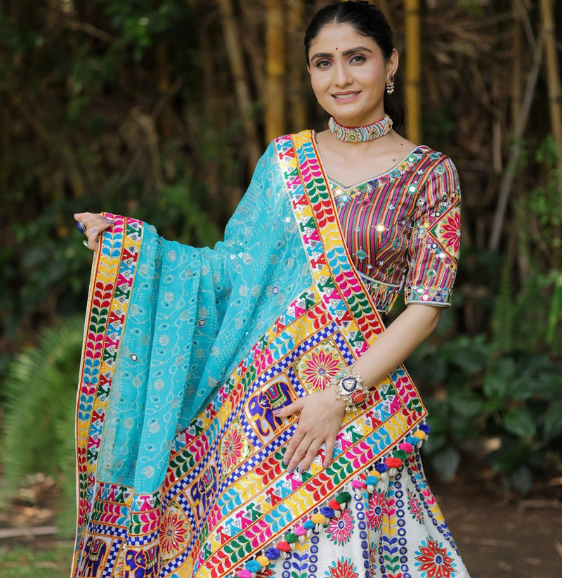 White Color Digital Printed with Mirror Work Navratri Chaniya Choli