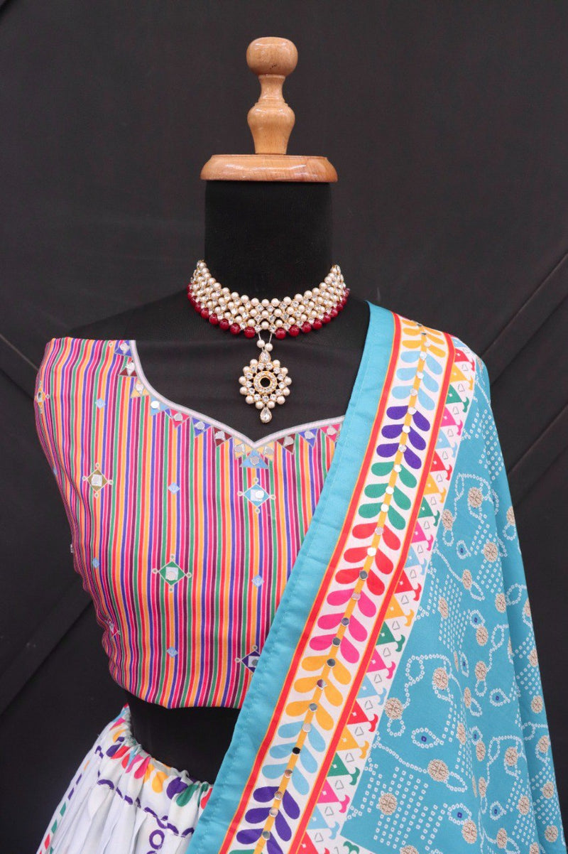 White Color Digital Printed with Mirror Work Navratri Chaniya Choli