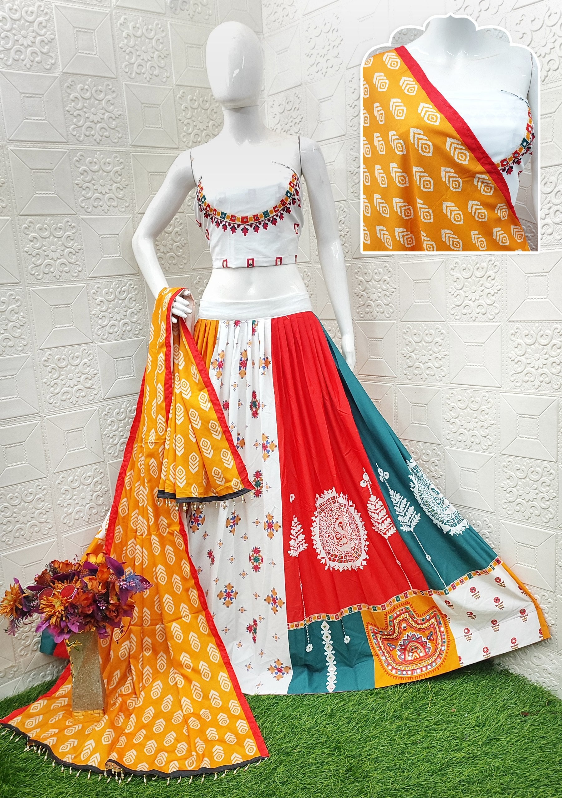 Multi Color Digital Printed with Mirror Work Navratri Chaniya Choli