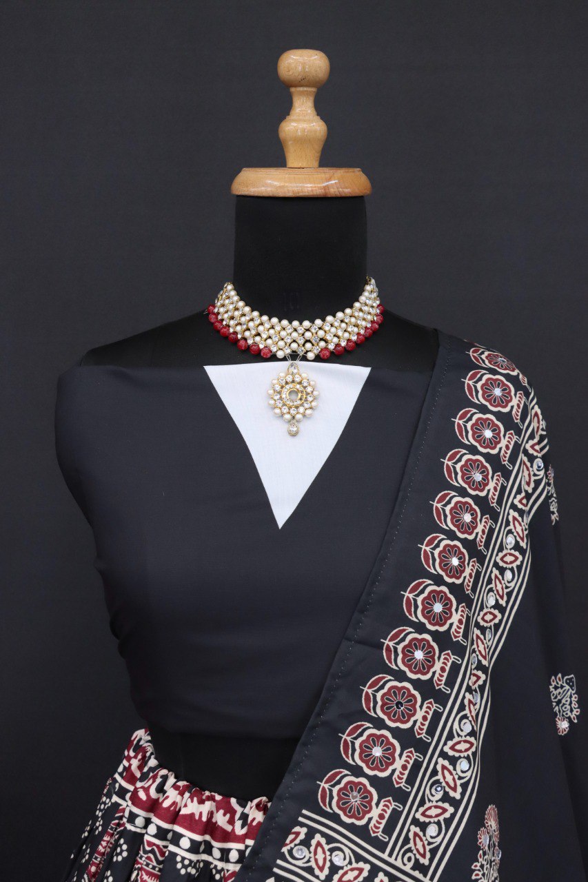 Black Color Digital Printed with Mirror Work Navratri Chaniya Choli