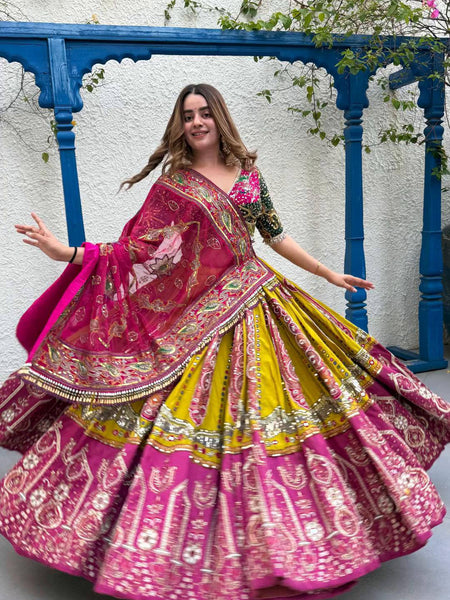 Yellow-Pink Color Digital Printed Muslin Navratri Lehenga Choli