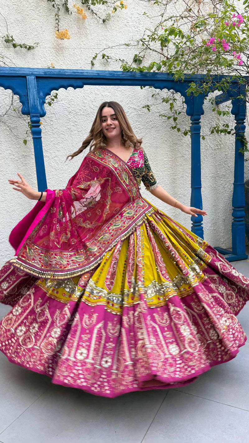 Yellow-Pink Color Digital Printed Muslin Navratri Lehenga Choli