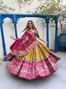 Yellow-Pink Color Digital Printed Muslin Navratri Lehenga Choli
