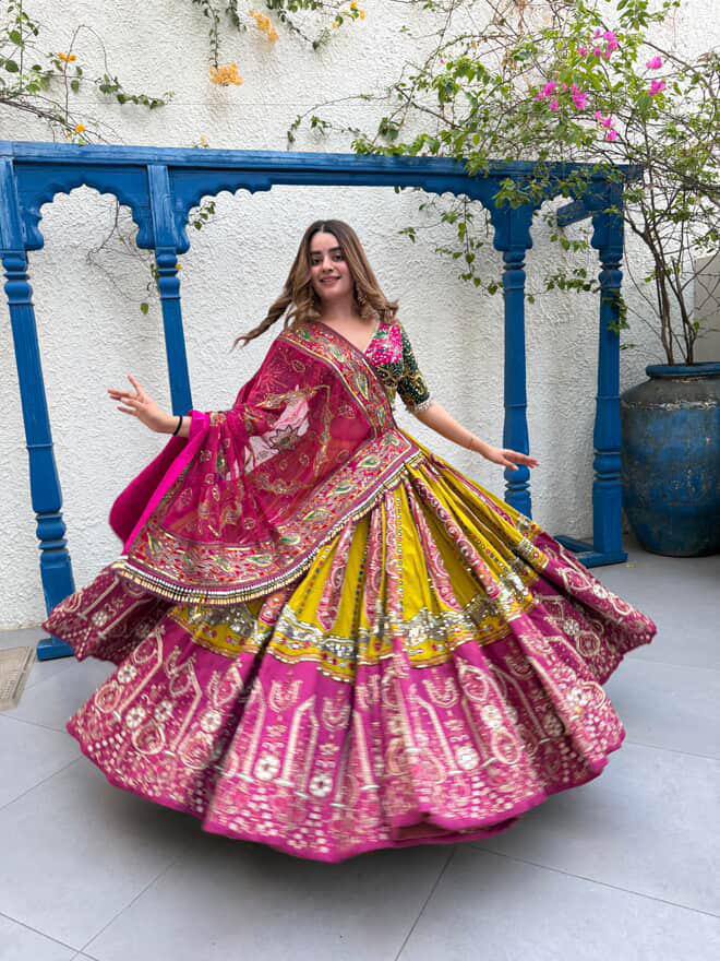 Yellow-Pink Color Digital Printed Muslin Navratri Lehenga Choli