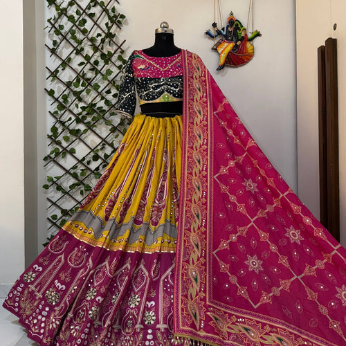 Yellow-Pink Color Digital Printed Muslin Navratri Lehenga Choli