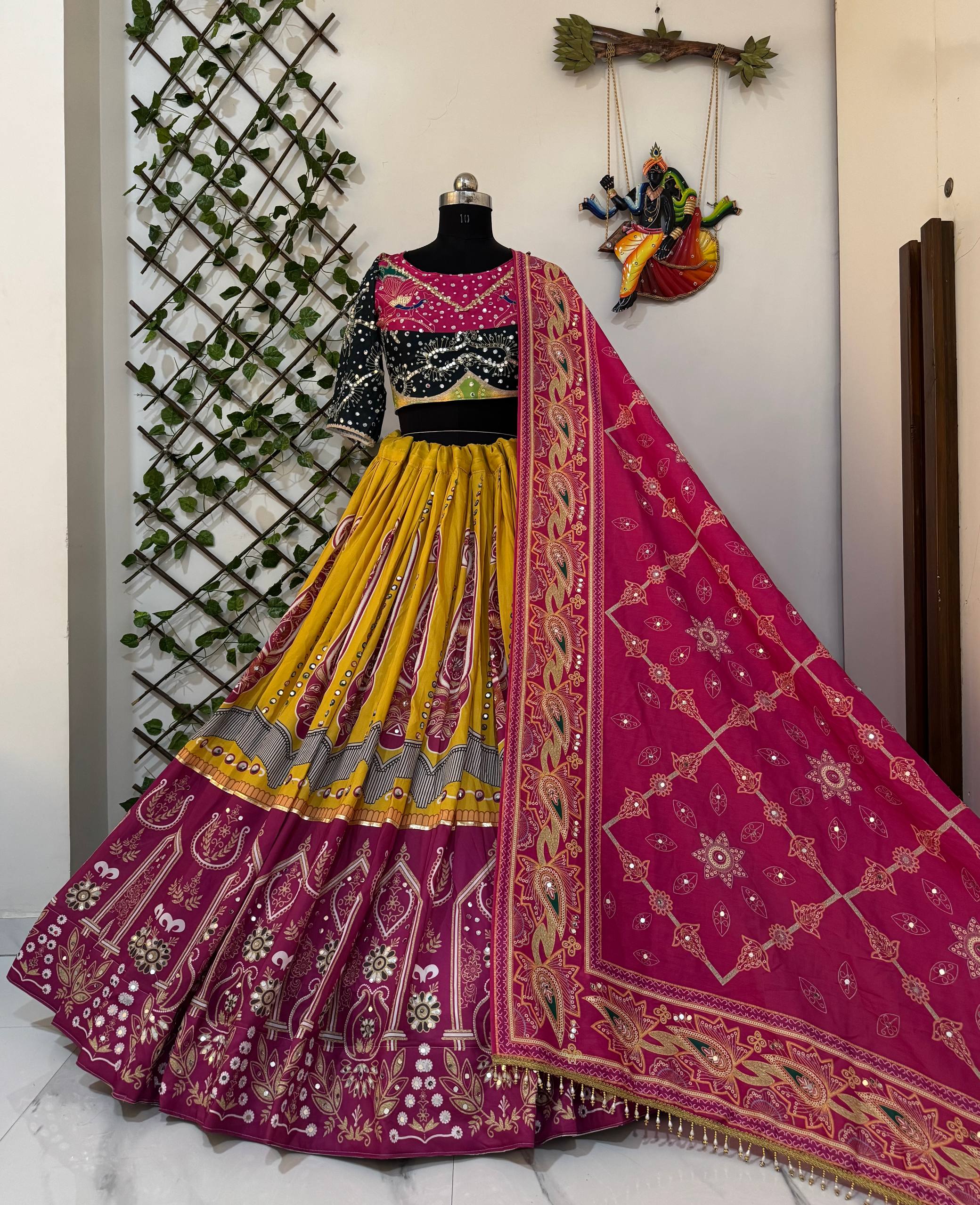 Yellow-Pink Color Digital Printed Muslin Navratri Lehenga Choli