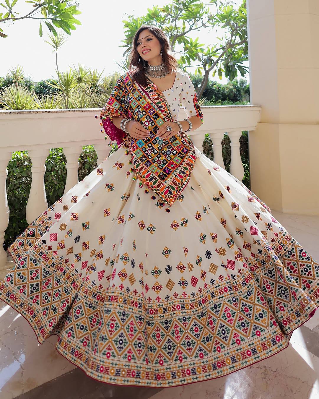 White Color Digital Printed Muslin Cotton Navratri Lehenga Choli