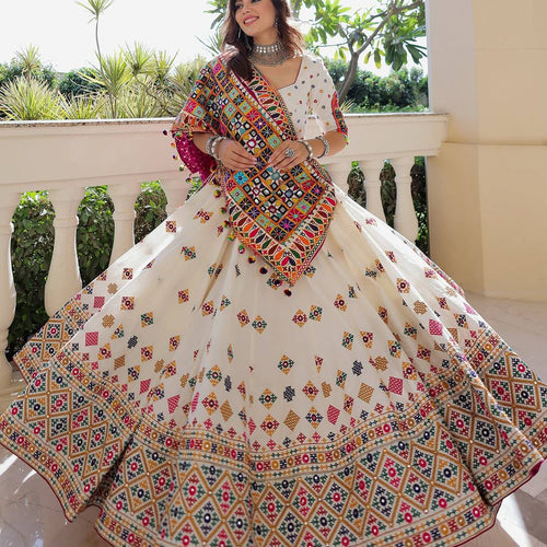 White Color Digital Printed Muslin Cotton Navratri Lehenga Choli