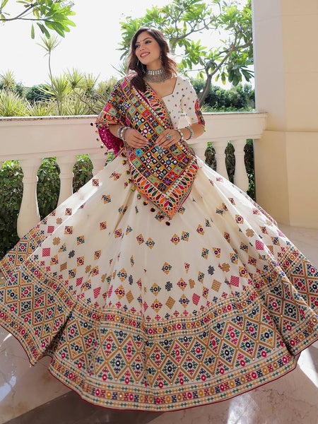 White Color Digital Printed Muslin Cotton Navratri Lehenga Choli