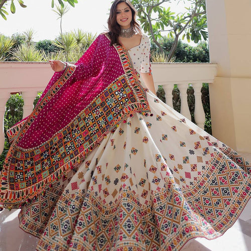 White Color Digital Printed Muslin Cotton Navratri Lehenga Choli