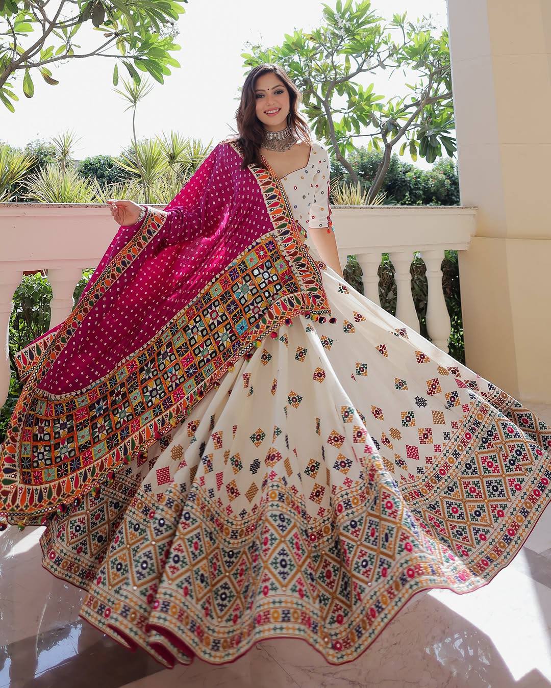 White Color Digital Printed Muslin Cotton Navratri Lehenga Choli