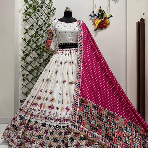 White Color Digital Printed Muslin Cotton Navratri Lehenga Choli