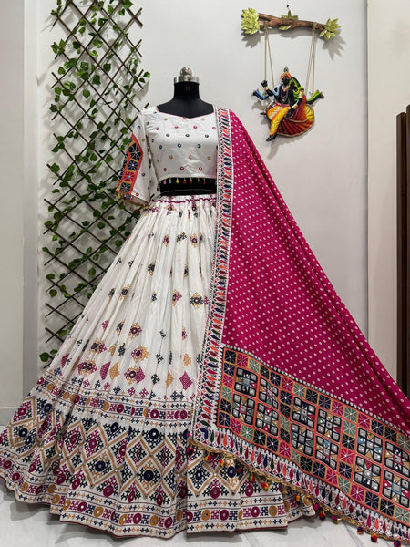 White Color Digital Printed Muslin Cotton Navratri Lehenga Choli