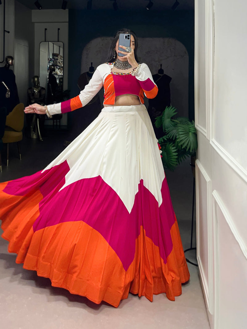 White Color Pure Rayon Mirror with Gamthi Work Navratri Lehenga Choli