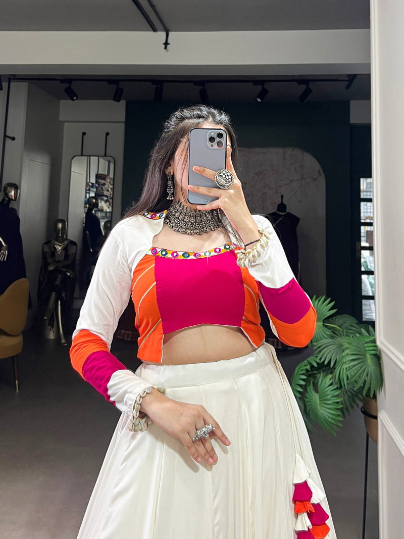 White Color Pure Rayon Mirror with Gamthi Work Navratri Lehenga Choli
