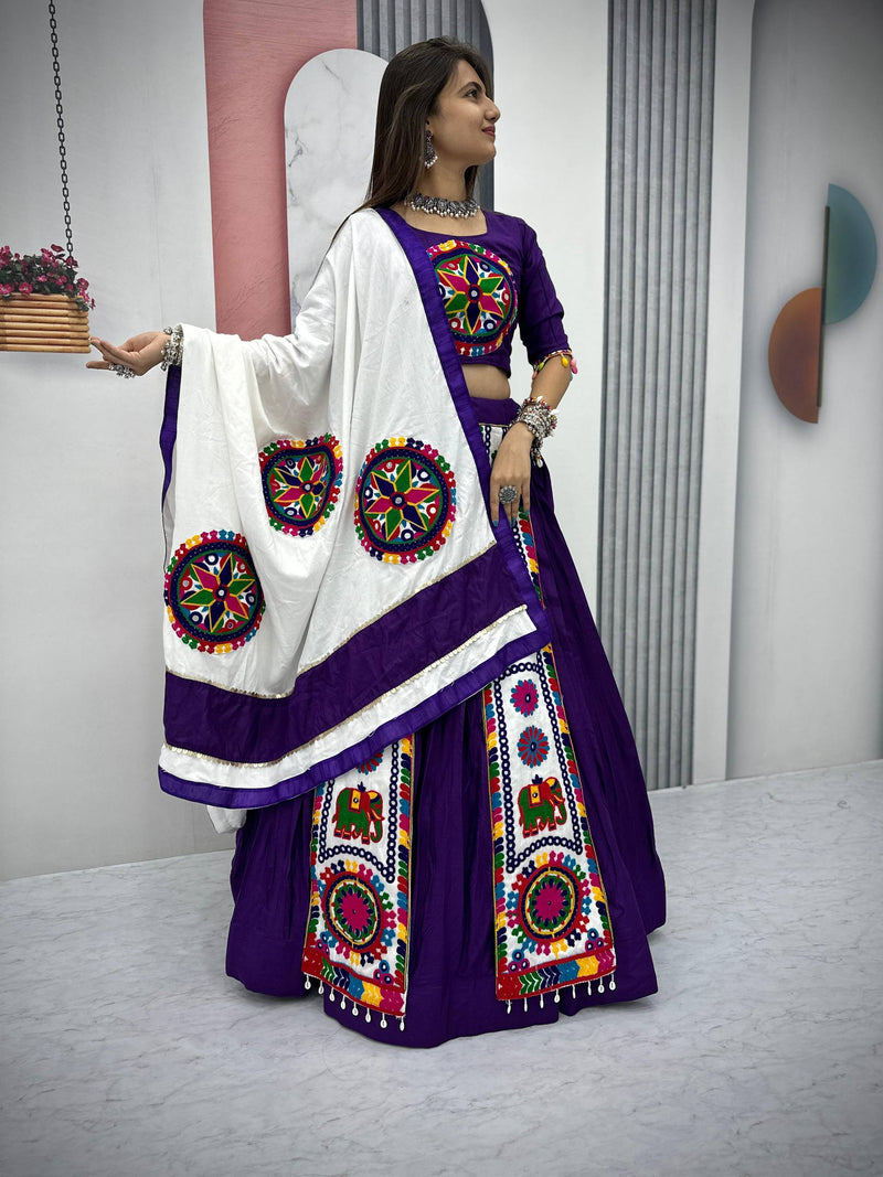 Purple Color Pure Rayon Cotton Gamthi Work Navratri Lehenga Choli