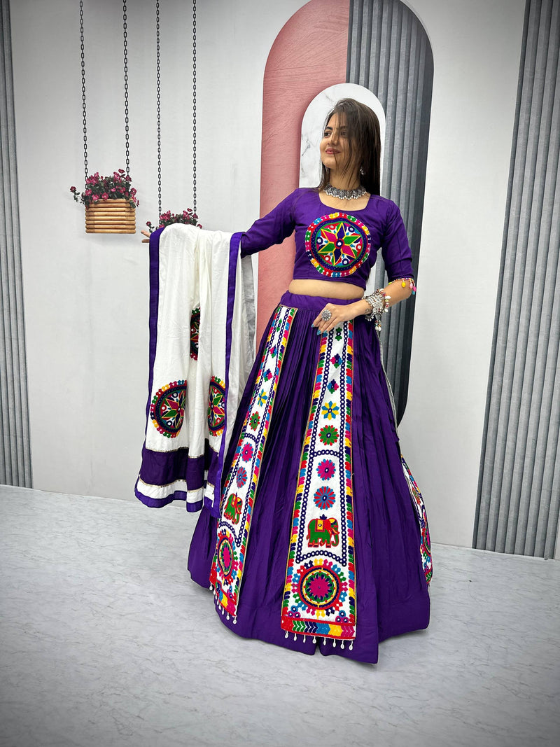 Purple Color Pure Rayon Cotton Gamthi Work Navratri Lehenga Choli