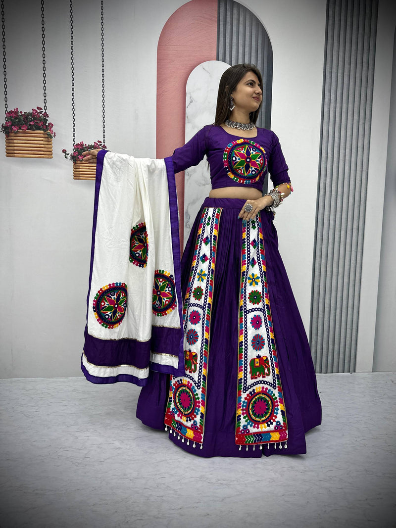 Purple Color Pure Rayon Cotton Gamthi Work Navratri Lehenga Choli