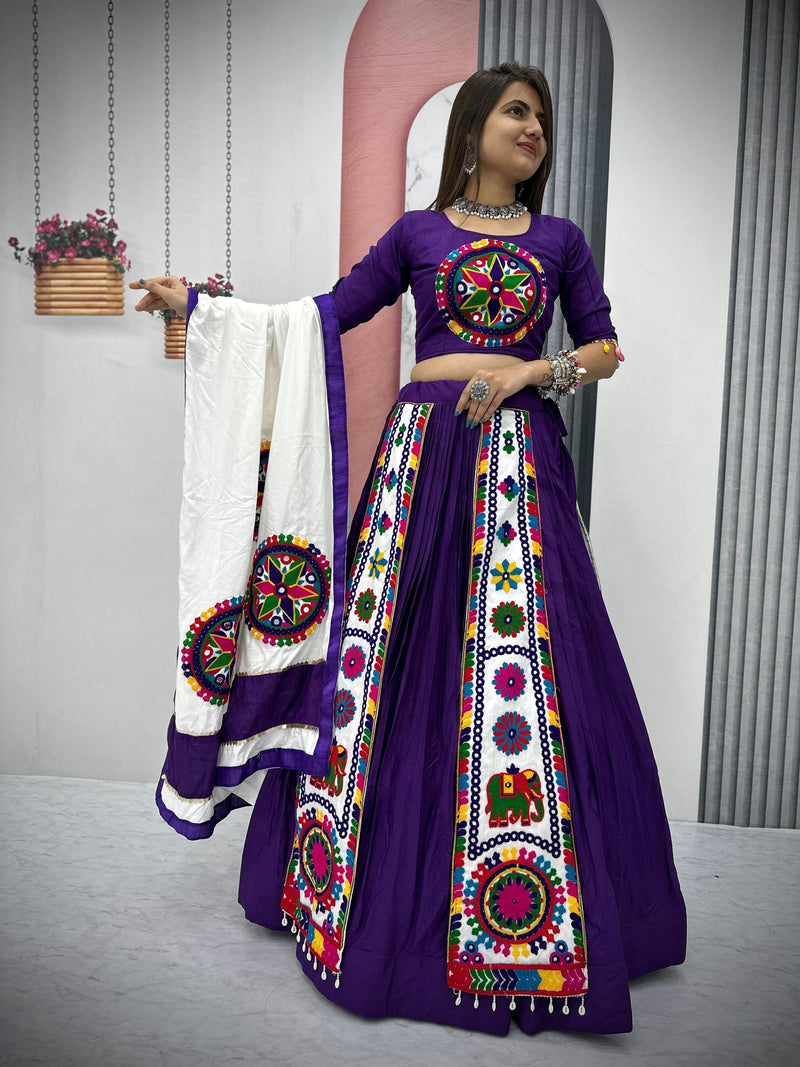 Purple Color Pure Rayon Cotton Gamthi Work Navratri Lehenga Choli