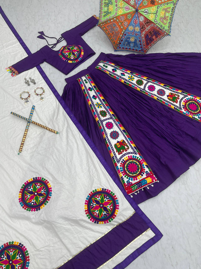 Purple Color Pure Rayon Cotton Gamthi Work Navratri Lehenga Choli